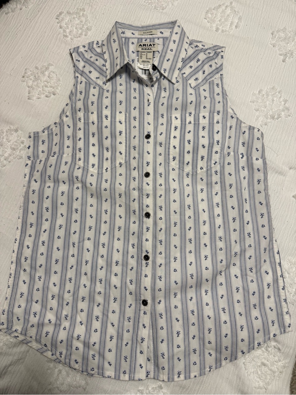 Ariat White Sleeveless Button-Up Shirt with Blue Stripes and Floral Print